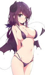 Rule 34 | 1girl, bikini, blush, breasts, cleavage, covered erect nipples, curled horns, demon girl, demon horns, demon tail, demon wings, hair ribbon, highres, horns, large breasts, long hair, looking at viewer, machikado mazoku, mature female, mel (melty pot), navel, purple bikini, purple eyes, purple hair, purple ribbon, ribbon, simple background, solo, standing, swimsuit, tail, white background, wings, yoshida seiko