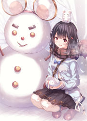 Rule 34 | 1girl, absurdres, animal ears, bag, black hair, black skirt, blush, boots, checkered clothes, checkered scarf, commentary request, granblue fantasy, hair between eyes, hair ornament, highres, jacket, looking at viewer, mouse (animal), mouse ears, mouse on head, open mouth, red eyes, scarf, shirt, short hair, shoulder bag, skirt, snow, snowman, squatting, ukiwakisen, vikala (granblue fantasy), white background, white jacket, white shirt
