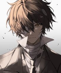 Rule 34 | 1boy, bandage on face, bandage on neck, bandage over one eye, bandages, black hair, black necktie, brown eyes, bungou stray dogs, closed mouth, collared shirt, dazai osamu (bungou stray dogs), formal, grey background, highres, looking at viewer, necktie, nozz177, serious, shirt, short hair, solo, suit, white shirt