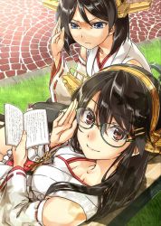 Rule 34 | 10s, 2girls, abo (hechouchou), bespectacled, black hair, book, borrowed clothes, detached sleeves, glasses, hairband, haruna (kancolle), japanese clothes, kantai collection, kirishima (kancolle), long hair, multiple girls, no eyewear, nontraditional miko, short hair, smile