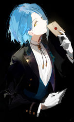 Rule 34 | 1boy, absurdres, black background, black jacket, blue hair, blue vest, bolo tie, closed mouth, collared shirt, cropped jacket, ensemble stars!, envelope, eyelashes, ezu (e104mjd), formal, gloves, hair behind ear, hand up, highres, himeru (ensemble stars!), holding, holding envelope, jacket, letter, long sleeves, looking at viewer, male focus, open clothes, open jacket, shirt, short hair, sideways glance, smile, solo, upper body, vest, wax seal, white gloves, white shirt, yellow eyes