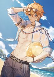 Rule 34 | 1boy, 329kome, alternate costume, ball, beachball, blue eyes, choker, cloud, commission, contrail, crossed bangs, day, earrings, eyewear on head, genshin impact, hair between eyes, holding, holding ball, holding beachball, jewelry, looking at viewer, male focus, open clothes, open shirt, orange hair, outdoors, shirt, shorts, single earring, sky, solo, sunglasses, tartaglia (genshin impact), toned, toned male, vision (genshin impact), water, wet, wet clothes, wet hair, white shirt