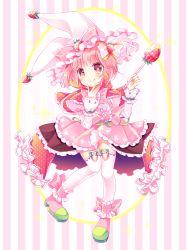 Rule 34 | 1girl, blush, center frills, closed mouth, commentary request, fingernails, food, food fantasy, frills, fruit, hand up, hat, holding, licking lips, long sleeves, magical girl, pink footwear, pink hair, pink skirt, pleated skirt, red eyes, shikito (yawa0w0), shirt, shoes, skirt, sleeves past wrists, smile, solo, sparkle, strawberry, strawberry daifuku (food fantasy), striped, striped background, symbol-shaped pupils, thighhighs, tongue, tongue out, vertical stripes, white hat, white shirt, white thighhighs, wrist cuffs