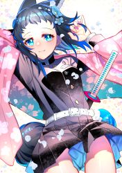 Rule 34 | 1girl, absurdres, animal ears, aqua eyes, arms up, belt, black hair, black skirt, blue hair, breasts, coat, cowboy shot, eyelashes, floral background, floral print, flower, hair flower, hair ornament, hakeburashi, haori, highres, japanese clothes, katana, kimetsu no yaiba, long hair, long sleeves, looking at viewer, makomo (kimetsu no yaiba), medium breasts, miniskirt, multicolored hair, patterned background, petals, pleated skirt, scabbard, sheath, sheathed, skirt, smile, solo, sword, tail, thighs, two-tone hair, uniform, weapon