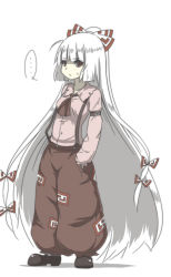Rule 34 | ..., 1girl, ascot, bad id, bad pixiv id, baggy pants, bow, commentary request, fujiwara no mokou, full body, hair bow, hands in pockets, highres, long hair, looking at viewer, low-tied long hair, ofuda, pants, red eyes, shoes, solo, suspenders, touhou, very long hair, volkies, white background, white hair