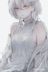 Rule 34 | 1girl, asymmetrical bangs, bare shoulders, breasts, dress, grey background, grey eyes, gundam, gundam suisei no majo, high collar, highres, inaeda kei, long hair, looking at viewer, miorine rembran, pale skin, simple background, small breasts, solo, twitter username, upper body, white dress, white hair