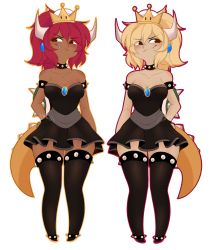 Rule 34 | 2girls, alternate color, armlet, artist name, bare shoulders, black dress, black legwear, blonde hair, blue gemstone, blush, bowsette, breasts, brooch, brown eyes, cleavage, closed mouth, collar, collarbone, crown, dark-skinned female, dark skin, dress, earrings, fang, fang out, female focus, full body, gem, half-closed eyes, hand on own hip, happy, highres, horns, jewelry, lizard tail, looking to the side, mario (series), medium breasts, medium hair, mini crown, multiple girls, new super mario bros. u deluxe, nintendo, outline, ponytail, red hair, red outline, reptile girl, short dress, sidelocks, sideways mouth, signature, simple background, smile, smug, spiked anklet, spiked armlet, spiked collar, spiked shell, spikes, standing, strapless, strapless dress, studded legwear, super crown, symmetry, tail, teranen, thighhighs, thighs, transparent background, white horns, yellow headwear, yellow outline, zettai ryouiki