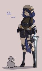 Rule 34 | 1girl, adelaide cartier, black shorts, black socks, blue hair, blue nails, braid, braided ponytail, breasts, crystal sword, elf, english text, female focus, flat color, full body, hair ornament, hairclip, hat, highres, crystal sword, jacket, jacket partially removed, knee pads, long hair, original, pointy ears, short shorts, shorts, shuuko (s h uuko), simple background, small breasts, socks, solo, strapless, sword, teeth, tube top, unzipped, very long hair, weapon, white background, yellow eyes