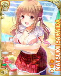 Rule 34 | 1girl, :d, bikini, breasts, brown hair, card (medium), cleavage, day, female focus, girlfriend (kari), large breasts, long hair, official art, open mouth, outdoors, plaid, plaid skirt, qp:flapper, red bikini, red eyes, red skirt, sakaida natsumi, school, school uniform, shirt, shoes, skirt, smile, socks, solo, standing, sunlight, swimsuit, swimsuit under clothes, tagme, unbuttoned, unbuttoned shirt, water gun, wet, wet clothes, white shirt