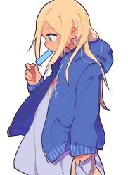 Rule 34 | 1girl, aqua eyes, bag, blonde hair, blue dress, blue hoodie, blush, breasts, dark-skinned female, dark skin, dress, eating, food, from side, hand up, harakoppe, highres, holding, holding bag, holding food, holding popsicle, hood, hood down, hoodie, idolmaster, idolmaster cinderella girls, idolmaster cinderella girls starlight stage, layla (idolmaster), long hair, long sleeves, looking at another, looking down, open clothes, open hoodie, popsicle, simple background, small breasts, solo, white background