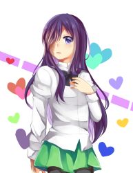 Rule 34 | 10s, 1girl, artist request, black pantyhose, blush, bow, bowtie, breasts, burn scar, covering one eye, cowboy shot, green skirt, hair over one eye, hand on own chest, heart, heart background, highres, ikezawa hanako, katawa shoujo, long hair, long sleeves, looking at viewer, open mouth, pantyhose, parted lips, purple eyes, purple hair, ribbon, scar, school uniform, shirt, simple background, skirt, small breasts, solo, standing, upper body, white background, white shirt