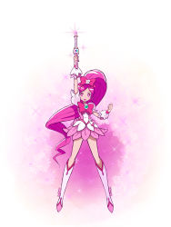 Rule 34 | 10s, 1girl, arm up, bezi, boots, bow, brooch, choker, cure blossom, dress, flower, flower tact, full body, hair ribbon, hanasaki tsubomi, heart, heart brooch, heartcatch precure!, highres, jewelry, knee boots, long hair, magical girl, pink background, pink bow, pink eyes, pink hair, pink theme, ponytail, precure, ribbon, smile, solo, wand, wrist cuffs