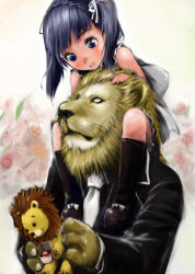 Rule 34 | blue eyes, blue hair, carrying, eye contact, formal, goichi, hair ribbon, jewelry, lion, looking at another, necktie, original, ribbon, ring, shoulder carry, stuffed animal, stuffed lion, stuffed toy, suit, twintails