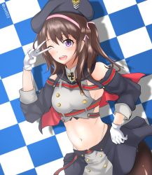Rule 34 | 1girl, ;d, arm up, azur lane, beret, black pantyhose, black skirt, blush, breasts, brown hair, checkered background, clothing cutout, commentary request, core1013, cowboy shot, cross, dutch angle, gloves, grey shirt, hair ribbon, hairband, hat, highres, iron cross, long hair, long sleeves, looking at viewer, medium breasts, midriff, navel, one eye closed, open mouth, pantyhose, pink headwear, pleated skirt, purple eyes, ribbon, sailor collar, shadow, shirt, shoulder cutout, sideboob, sidelocks, skirt, sleeveless, sleeveless shirt, smile, solo, step and repeat, teeth, twitter username, two side up, upper teeth only, v, white gloves, z35 (azur lane)