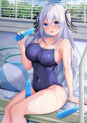 Rule 34 | 1girl, absurdres, arm support, ball, bare arms, bare legs, beachball, between legs, blue one-piece swimsuit, blush, breasts, bush, cleavage, cloud, collarbone, commentary request, competition school swimsuit, covered navel, crossed bangs, day, fence, hair between eyes, hanonokusa, highres, hose, large breasts, looking at viewer, one-piece swimsuit, open mouth, original, outdoors, pool, pool ladder, poolside, pouring, pouring onto self, ramune, school swimsuit, sitting, sky, smile, solo, swimsuit, two side up, wet