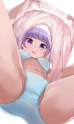 Rule 34 | 1girl, aqua bra, aqua panties, blunt bangs, bra, breasts, clothes lift, from below, hair ornament, highres, hiroki (yyqw7151), long hair, looking at viewer, looking down, navel, new game!, open mouth, panties, pink shirt, purple eyes, purple hair, shirt, shirt lift, simple background, small breasts, solo, suzukaze aoba, underwear, upshirt, white background