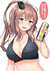 Rule 34 | 1girl, :d, bare arms, bare shoulders, bikini, black bikini, blue eyes, breasts, brown hair, can, cleavage, collarbone, cup, hair ornament, halterneck, has bad revision, highres, holding, holding cup, kantai collection, large breasts, long hair, looking at viewer, nakamura sumikage, one side up, open mouth, ponytail, saratoga (kancolle), saratoga mk ii (kancolle), simple background, smile, solo, speech bubble, stomach, swimsuit, translation request, white background