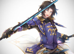 Rule 34 | 10s, 1boy, ahoge, armor, belt, black gloves, black hair, blue armor, blue eyes, bright background, chromatic aberration, dual wielding, gauntlets, gloves, granblue fantasy, holding, holding sword, holding weapon, lancelot (granblue fantasy), looking at viewer, male focus, nanahara fuyuki, open mouth, solo, sword, teeth, weapon