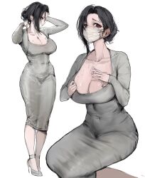 Rule 34 | 1girl, black hair, borrowed character, breast tattoo, breasts, cleavage, collarbone, commentary, covered navel, cropped jacket, dongtan dress, dongtan lady (k pring), dress, english commentary, fanning self, grey dress, grey jacket, high heels, highres, jacket, kuu wii, large breasts, looking at viewer, mask, meme attire, mole, mole on breast, mouth mask, multiple views, original, red eyes, simple background, tattoo, taut clothes, taut dress, white background, white mask