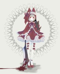 Rule 34 | 1girl, animal, animal ears, bad id, bad pixiv id, blonde hair, blood, blood stain, bow, capelet, carrying, cleaver, expressionless, frilled capelet, frilled skirt, frills, full body, highres, hood, kotarou (kot mochi), little red riding hood, little red riding hood (grimm), long sleeves, original, red eyes, skirt, thighhighs, weapon, wolf, zettai ryouiki
