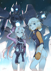 Rule 34 | 2girls, absurdres, backlighting, blue eyes, blush, braid, cevio, clothing cutout, commentary, cowboy shot, crow monet, gloves, glowing, hair tie, hand up, highres, holding, holding own hair, ia (vocaloid), light blush, long hair, looking at viewer, mecha, multiple girls, one (cevio), orange gloves, orange sleeves, pink hair, pink sleeves, platinum blonde hair, plugsuit, robot, short hair, smile, thigh cutout, twin braids, vocaloid