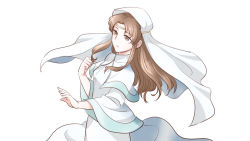 Rule 34 | 1girl, bad id, bad pixiv id, brown eyes, brown hair, circlet, clenched hand, detached sleeves, elen (fire emblem), fire emblem, fire emblem: the binding blade, hair flowing over, hair ornament, kashiwabooks, looking to the side, nintendo, outstretched arm, robe, solo, upper body