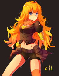 Rule 34 | 1girl, artist name, belt, bike shorts, blonde hair, blue eyes, breasts, clenched hands, grey background, groin, highres, large breasts, long hair, midriff, navel, rwby, single thighhigh, solo, thighhighs, yang xiao long, yellow thighhighs, zyl