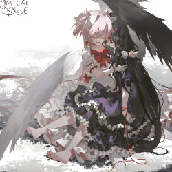 Rule 34 | 2girls, akemi homura, akemi homura (black dress), angel wings, black dress, black hair, black wings, bow, braid, braiding hair, center frills, closed eyes, closed mouth, collarbone, dress, eyelashes, feathered wings, flat chest, frilled dress, frilled sleeves, frills, full body, funeral dress, gloves, grass, hairdressing, halter dress, halterneck, hand in another&#039;s hair, head on another&#039;s shoulder, highres, homulilly, kaname madoka, layered dress, light blush, long dress, long hair, long skirt, mahou shoujo madoka magica, mahou shoujo madoka magica: hangyaku no monogatari, multiple girls, muted color, neck ribbon, on ground, pale skin, parted lips, pink hair, puffy sleeves, red bow, ribbon, simple background, sitting, sitting on person, skirt, soles, straight hair, tatatsu, teeth, two side up, ultimate madoka, unconscious, upper teeth only, very long hair, waist bow, white background, white dress, white gloves, white ribbon, white wings, wings