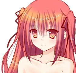 Rule 34 | 1girl, black ribbon, blush, claire rouge, coffey-minamo, collarbone, hair between eyes, hair ribbon, long hair, nude, office lady, ponytail, red eyes, red hair, ribbon, seirei tsukai no blade dance, simple background, sketch, smile, white background