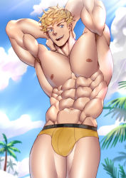 Rule 34 | 1boy, abs, absurdres, arms behind head, artist name, bara, blonde hair, bulge, cloud, day, granblue fantasy, highres, large pectorals, looking at viewer, male focus, male swimwear, muscular, muscular male, navel, nipples, official alternate costume, open mouth, outdoors, pectorals, short hair, sky, smile, solo, suyohara, swim trunks, topless male, vane (granblue fantasy), yellow male swimwear