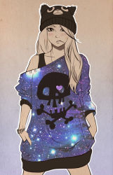 Rule 34 | 1girl, bare shoulders, blush, bracelet, closed mouth, collarbone, commentary request, cover, hair over shoulder, hands in pockets, hat, heart, highres, jewelry, legs apart, long hair, looking at viewer, necklace, nostrils, off shoulder, original, outline, rinmaho, skull print, solo, sparkle, toothpick, v-shaped eyebrows, white outline