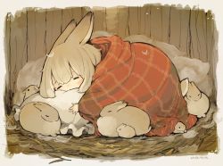 Rule 34 | 1girl, = =, animal, animal ears, blanket, blush, brown hair, closed eyes, commentary request, frilled pillow, frills, highres, original, pillow, rabbit, rabbit ears, sakutake (ue3sayu), signature, solo