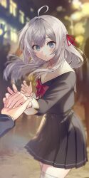 Rule 34 | 1boy, 1girl, ahoge, alisa mikhailovna kujou, black serafuku, black shirt, black skirt, blue eyes, bow, bowtie, cowboy shot, grey hair, hair between eyes, hair ribbon, highres, holding hands, koin (foxmark), light blush, long hair, long sleeves, looking at viewer, outdoors, parted lips, pov, pov hands, red bow, red bowtie, red ribbon, ribbon, sailor collar, school uniform, second-party source, serafuku, shirt, skirt, solo focus, standing, thighhighs, tokidoki bosotto roshia-go de dereru tonari no alya-san, white sailor collar, white thighhighs, zettai ryouiki