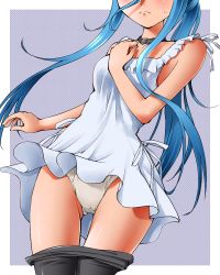 Rule 34 | 10s, 1girl, aoki hagane no arpeggio, black pantyhose, blue hair, cameltoe, choker, clothes pull, dr rex, dress, hand on own chest, head out of frame, long hair, panties, pantyhose, pantyhose pull, ponytail, solo, sundress, takao (aoki hagane no arpeggio), thigh gap, translation request, underwear