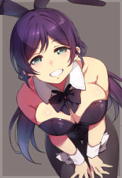 Rule 34 | 1girl, animal ears, bare shoulders, black bow, black bowtie, black pantyhose, bow, bowtie, breasts, cleavage, clenched teeth, detached collar, duke (inu daimyou), fake animal ears, green eyes, grey background, hands on thighs, large breasts, leotard, long hair, looking at viewer, love live!, love live! school idol project, low twintails, pantyhose, playboy bunny, purple hair, rabbit ears, simple background, smile, solo, teeth, tojo nozomi, twintails