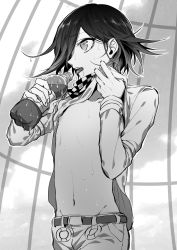 Rule 34 | 1boy, belt, bottle, checkered clothes, checkered scarf, clothes lift, commentary request, danganronpa (series), danganronpa v3: killing harmony, from side, greyscale, hair over one eye, highres, holding, jacket, jacket lift, lifted by self, long sleeves, male focus, medium hair, monochrome, nanin, navel, oma kokichi, outdoors, pants, profile, saliva, saliva trail, scarf, short hair, solo, stomach, sweat, tongue, tongue out, wet, wet hair