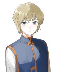Rule 34 | 1boy, androgynous, blonde hair, blue eyes, blue tabard, closed mouth, hair between eyes, highres, hunter x hunter, kawatiw, kurapika, light brown hair, looking at viewer, male focus, shirt, simple background, solo, tabard, upper body, white background, white shirt