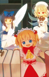 Rule 34 | 3girls, blonde hair, blue eyes, brown hair, chaba (hortensia), drill hair, female focus, hat, indoors, luna child, multiple girls, perfect memento in strict sense, red eyes, sitting, standing, star sapphire, sunny milk, touhou, twintails, two side up, wings, yellow eyes