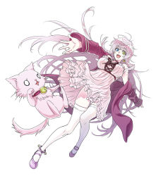 Rule 34 | 1girl, :3, ankle braclet, bell, blue eyes, breasts, cat, clothes lift, collar, dress, green eyes, k-project, lace, large breasts, long hair, looking at viewer, neko (k-project), otonagi, pink hair, shoes, skirt, skirt lift, smile, sweat, sweater slip, thick thighs, thighhighs, thighs, very long hair