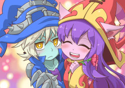 Rule 34 | 1boy, 1girl, animal ears, blue skin, blush, cheek-to-cheek, colored skin, crossed arms, closed eyes, flower, gauntlets, hat, heads together, highres, league of legends, looking at viewer, lulu (league of legends), open mouth, purple hair, purple skin, scar, spikes, sweatdrop, veigar, white hair, wizard hat, yan531, yellow eyes, yordle