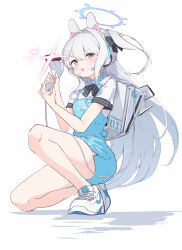 Rule 34 | 1girl, angel&#039;s 24 uniform (blue archive), apron, blue apron, blue archive, blue skirt, collared shirt, grey hair, hair between eyes, hair intakes, halo, headgear, headphones, headset, highres, holding, long hair, looking at viewer, miyako (blue archive), on one knee, one side up, open mouth, osisio, purple eyes, shadow, shirt, shoes, short sleeves, simple background, skirt, solo, very long hair, white background, white footwear, white shirt