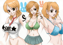 Rule 34 | breasts, brown eyes, chikaburo, large breasts, midriff, nami (one piece), one piece, orange hair, tattoo, tongue
