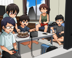 Rule 34 | 5boys, bad id, bad pixiv id, barefoot, black eyes, black hair, blue hair, bottomless, boxer briefs, boxers, brown hair, child, controller, drink, closed eyes, fang, game console, game controller, glasses, hair between eyes, handheld game console, indoors, joy-con, kaminosaki, male focus, male underwear, multiple boys, nintendo, nintendo switch, nintendo switch pro controller, opaque glasses, open mouth, orange eyes, playing games, red eyes, sitting, smile, sweatdrop, underwear