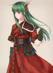 1girl, armor, belt, closed mouth, fingerless gloves, fire emblem, fire emblem: the binding blade, fire emblem heroes, gloves, green eyes, green hair, half body, headband, highres, leather, long hair, looking to the side, nintendo, short sleeves, shoulder armor, simple background, solo, sue (fire emblem), upper body, witz wenji