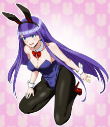 Rule 34 | 1girl, animal ears, aoba (smartbeat), bare shoulders, blue eyes, blush, bow, bowtie, breasts, cleavage, detached collar, earrings, fake animal ears, fate/grand order, fate (series), full body, hairband, high heels, jewelry, kneeling, large breasts, leotard, long hair, martha (fate), medium breasts, open mouth, pantyhose, playboy bunny, purple hair, purple leotard, rabbit ears, red bow, red bowtie, red footwear, smile, solo, strapless, strapless leotard, wrist cuffs