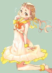 Rule 34 | 1girl, animal hair ornament, ankle scrunchie, arisugawa himari, barefoot, bow, bowtie, brown eyes, brown hair, closed mouth, commentary, dress, flying sweatdrops, frilled dress, frills, from side, frown, green background, hair ribbon, hand to own mouth, highres, jj (ssspulse), kirakira precure a la mode, kneeling, long hair, looking at viewer, low ponytail, orange bow, orange bowtie, precure, ribbon, sailor collar, sailor dress, scrunchie, simple background, sleeveless, sleeveless dress, solo, squirrel, white dress, wind, wrist scrunchie, yellow ribbon, yellow sailor collar, yellow scrunchie