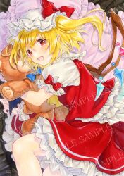 Rule 34 | alto2019, ascot, blonde hair, crystal wings, flandre scarlet, hat, hat ribbon, highres, holding, holding stuffed toy, marker (medium), mob cap, pillow, puffy short sleeves, puffy sleeves, red eyes, red ribbon, red skirt, red vest, ribbon, sample watermark, shirt, short sleeves, skirt, skirt set, stuffed animal, stuffed toy, teddy bear, touhou, traditional media, vest, watermark, white hat, white shirt, yellow ascot