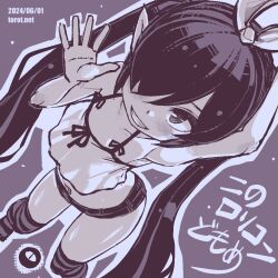 Rule 34 | 1girl, backbeako (torotei), backbeard, commentary request, crop top, dated commentary, gegege no kitarou, hair over one eye, hair ribbon, leaning forward, long hair, looking at viewer, monochrome, navel, original, pointy ears, ribbon, short shorts, shorts, smile, standing, striped clothes, striped thighhighs, teeth, thighhighs, torotei, twintails, waving