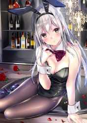 Rule 34 | 1girl, :o, animal ears, bad id, bad pixiv id, bare shoulders, black footwear, black leotard, black pantyhose, blush, bottle, bow, bowtie, breasts, cleavage, collar, commentary request, detached collar, fake animal ears, flower, hair between eyes, high heels, highres, kobayashi chisato, leotard, light particles, long hair, looking at viewer, medium breasts, original, pantyhose, petals, playboy bunny, rabbit ears, red bow, red bowtie, rose, silver hair, sitting, solo, white collar, wrist cuffs, yellow eyes, yokozuwari