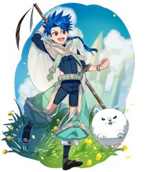 Rule 34 | 1boy, arm up, blue bodysuit, blue hair, blue tongue, bodysuit, bracelet, braid, braided ponytail, cape, clenched hand, colored tongue, cu chulainn (fate), dog, fate/grand order, fate (series), full body, highres, holding, holding polearm, holding weapon, jewelry, long hair, looking ahead, male focus, open mouth, pawpads, polearm, puffy pants, puppy, red eyes, samoyed (dog), sandals, setanta (fate), tetsu (teppei), weapon, white cape, white dog